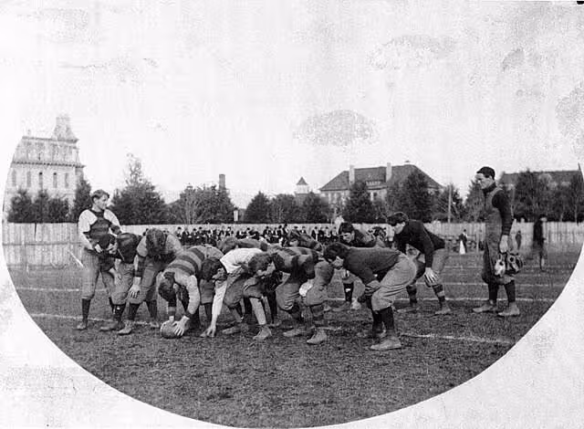 Black and white photo of members of the 1901 University of Oregon football team lined up