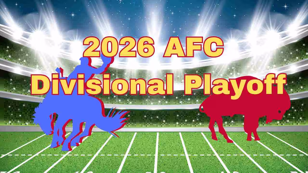 banner image in color of a green football field background with 2026 AFC Divisional Playoff written on it with a red bison and blue bucking bronco image