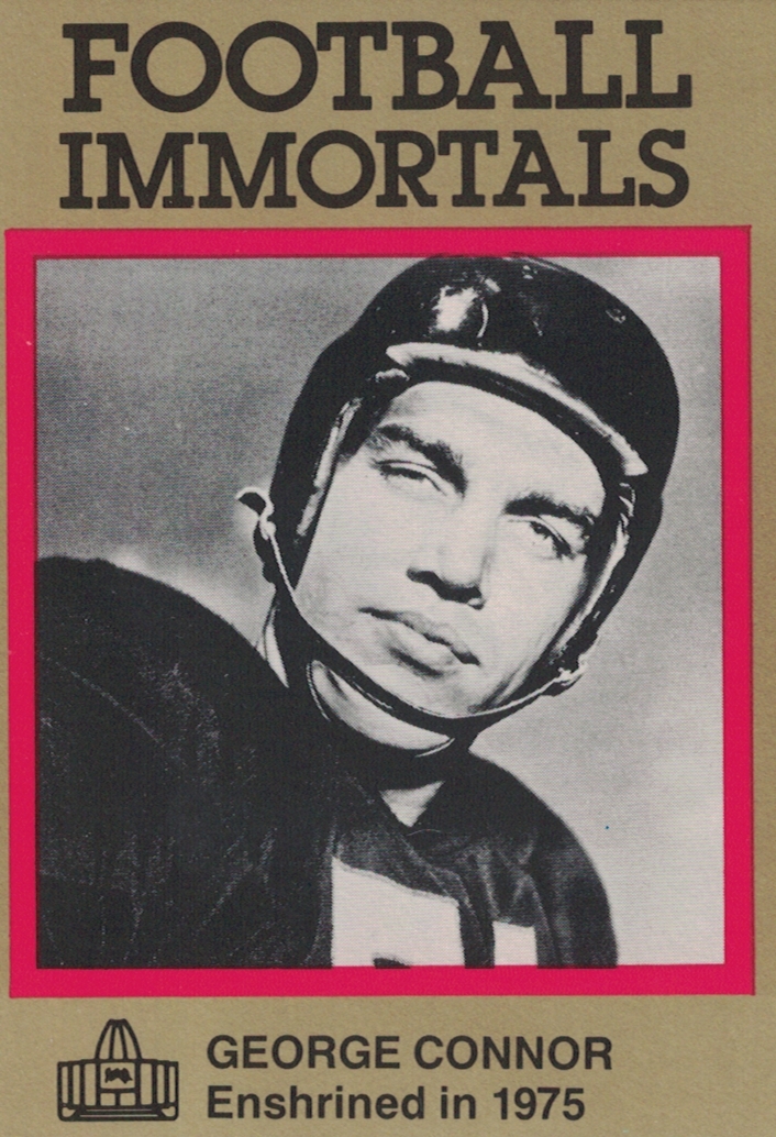 b/w white image on a gold and red 1985 Football Immortals football card number 30 of George_Connor