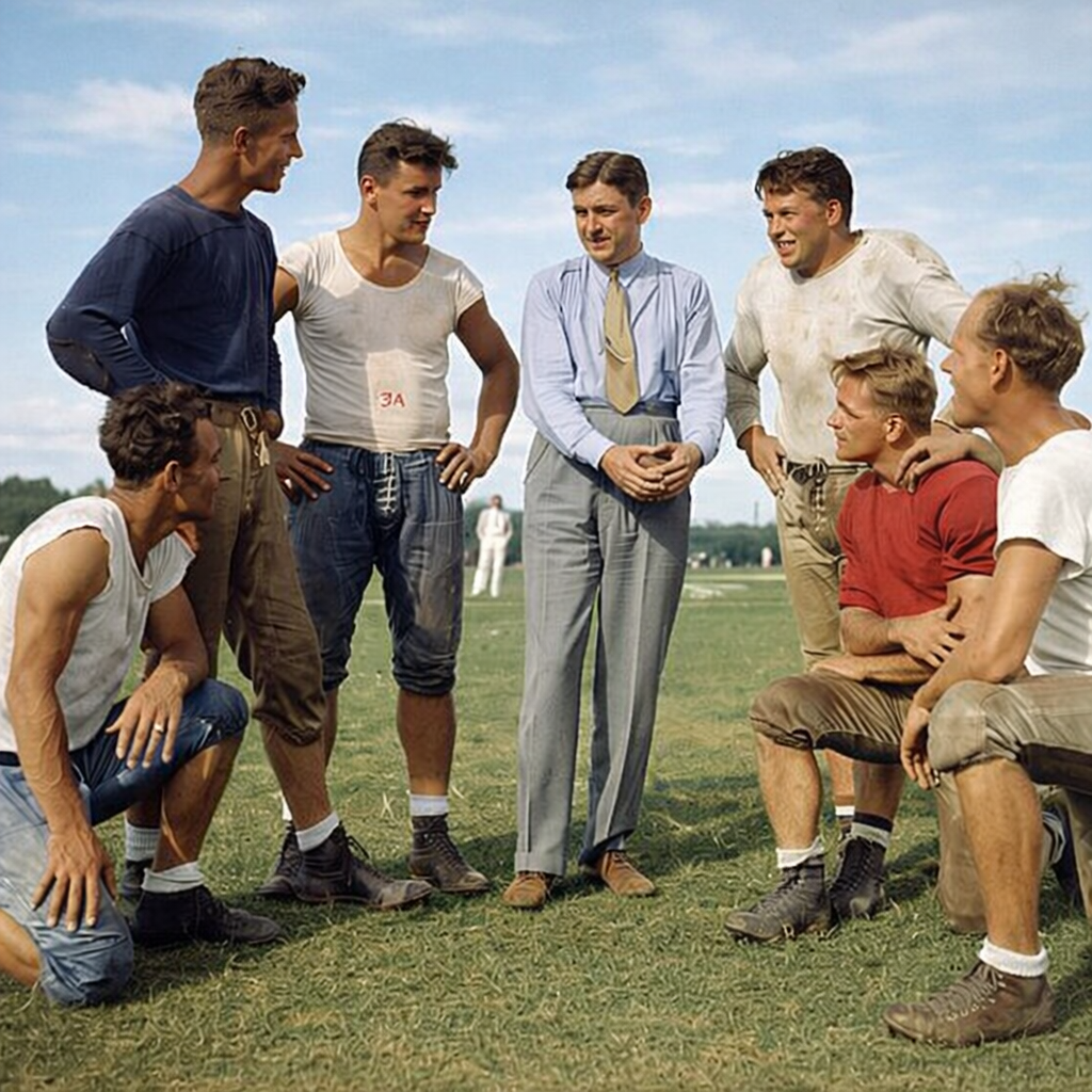 An AI color version of a coach talking to his players at practice George Marshall, owner of the Washington Redskins, talks it over with some of his players,