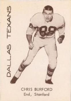 black and white promotional image of Dallas Texans football player Chris Burford 1960. Full body action pose of big number 88 with the wording Dallas Texans, Chris Buford , End , Stanford