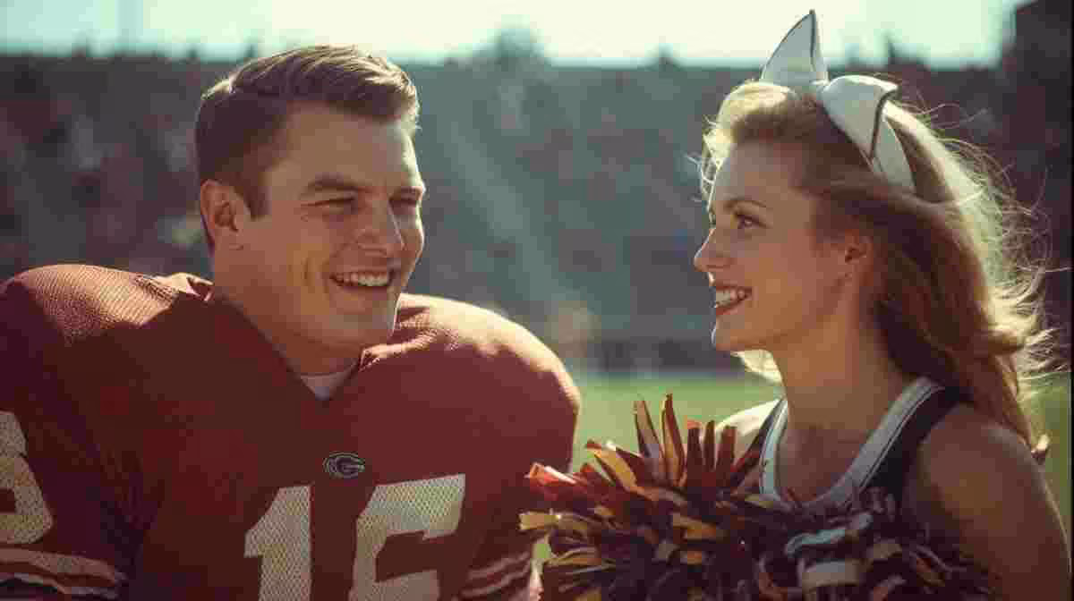 Ai generated image of a young American football player looking at a googly eyed pretty cheerleader