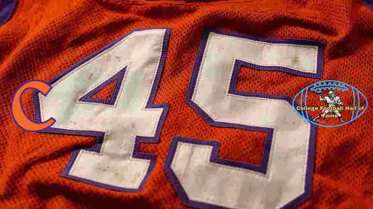 Image of a red with gold numerals football Jersey number 45 rendering with PD College football HOF emblem.