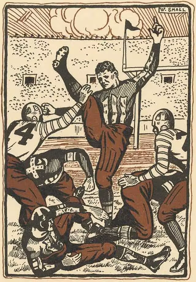water color artwork of a Oregon football action scene from 1926.