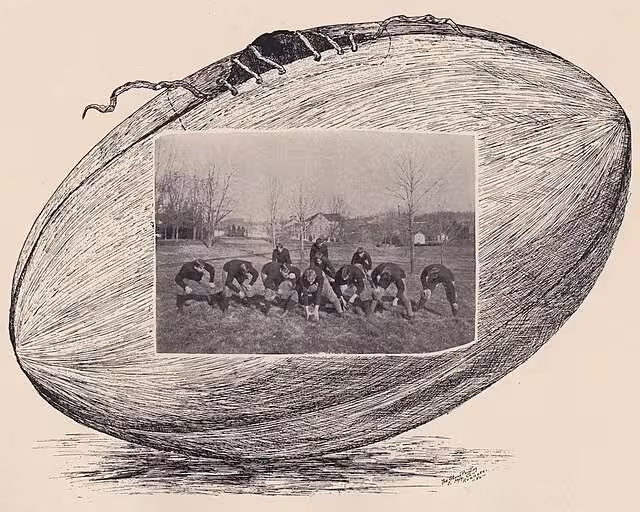 b/w sketch of a giant football that frames a photo image of Football team Virginia Tech 1899 in offensive formation