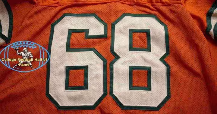 Orange close up of a number 698 football jersey with the PD College Football HOF emblem.