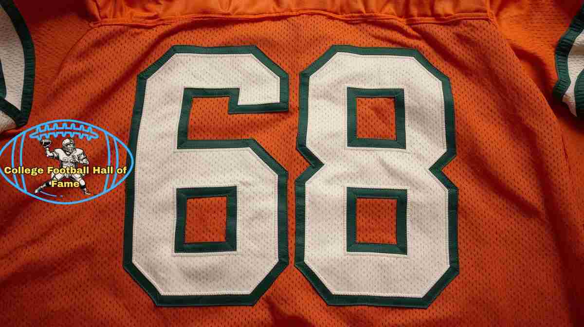Orange close up of a number 698 football jersey with the PD College Football HOF emblem.