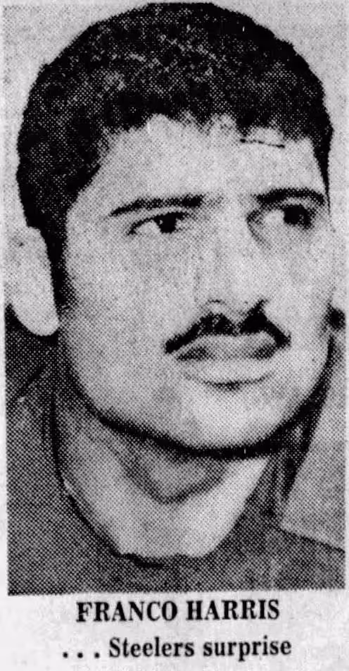 black and white newspaper head shot of Franco Harris Feb 2, 1972