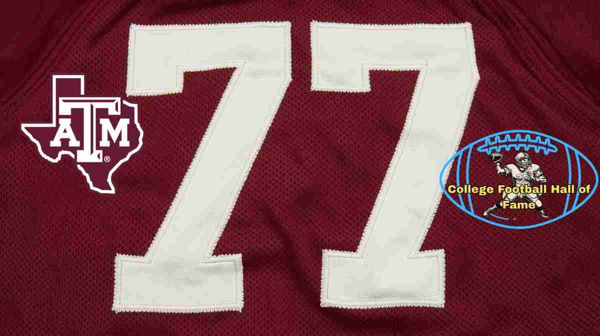 Image of a red with white numerals football Texas A&M Jersey number 77 rendering with PD College football HOF emblem.