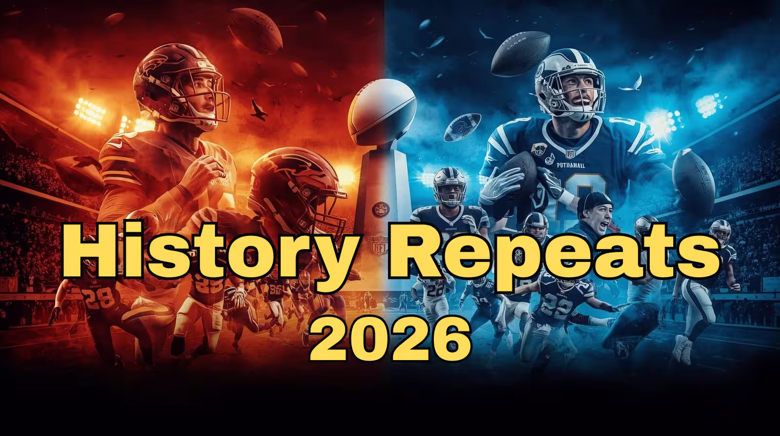 AI generated color collage of modern American football players with the words 'History Repeats 2026"