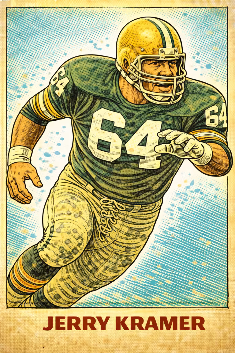 AI image of a football player Jerry Kramer wearing a Packers jersey 64 in an action pose
