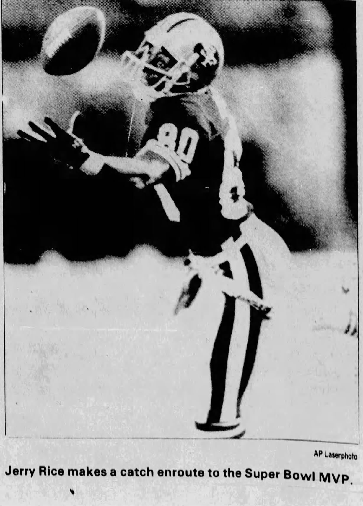 b/w newspaper image of Jerry Rice from Super Bowl XXIII MVP Fort Pierce Tribune