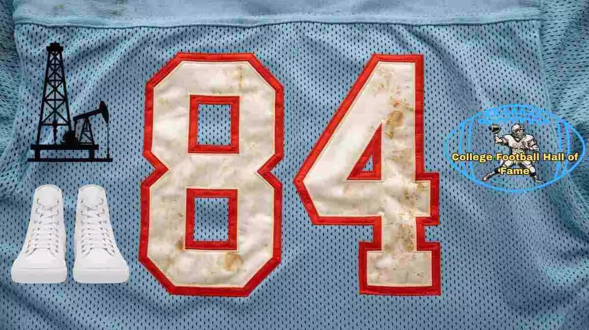 Image of a blue with white numerals Nebraska football Jersey number 84 rendering with PD College football HOF emblem.