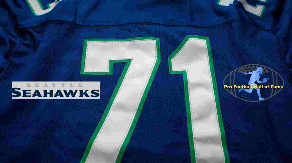 Image of a blue with white numerals Seattle football Jersey number 71 and Seahawks word art logo rendering with PD Pro football HOF emblem.