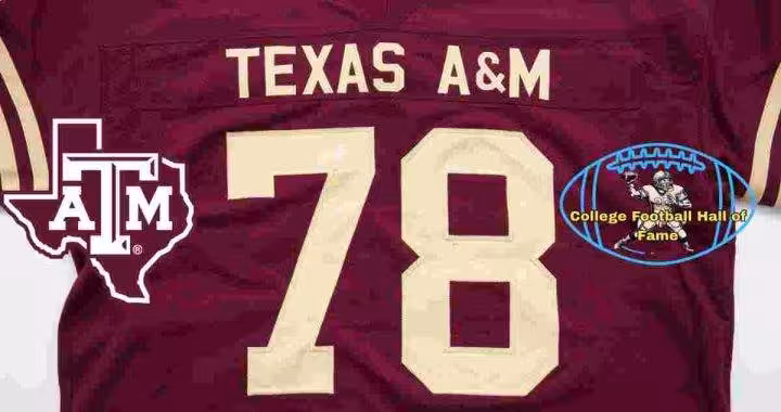 Image of a red with gold numerals Texas A&M football Jersey number 78 rendering with PD College football HOF emblem.
