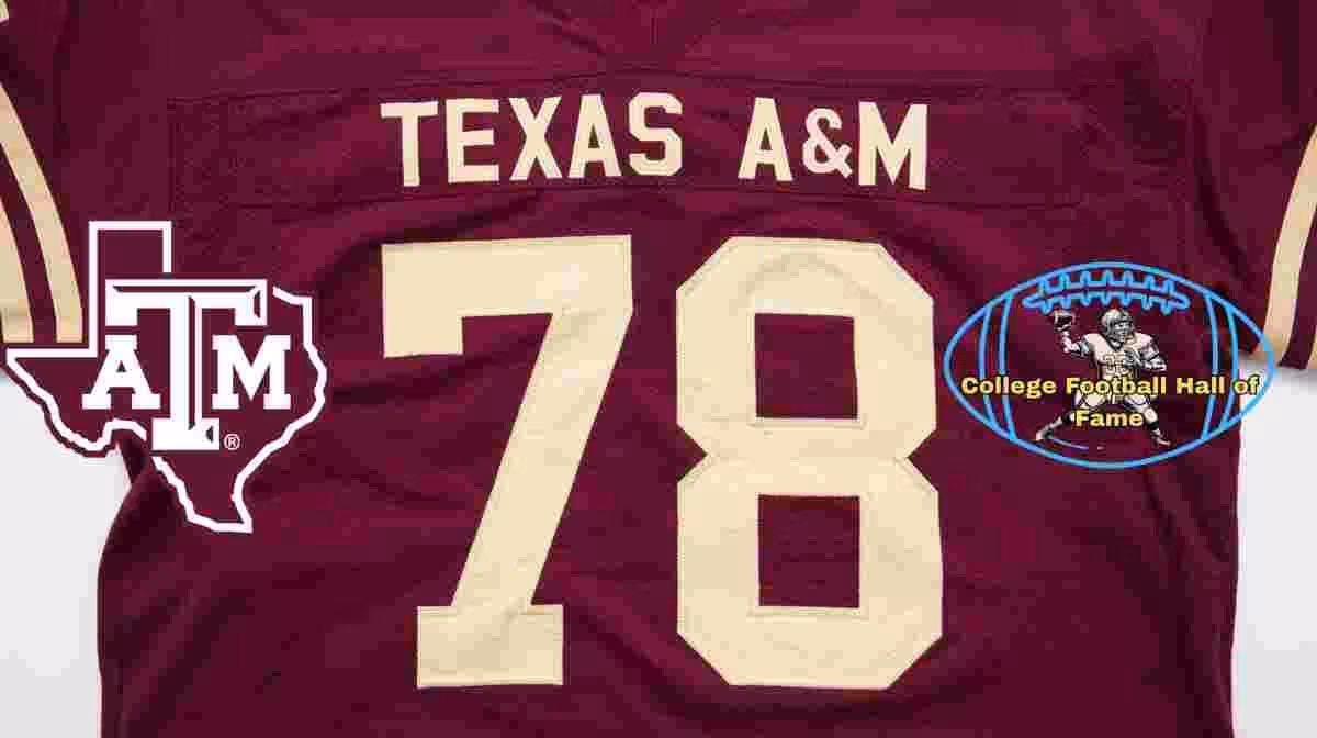 Image of a red with gold numerals Texas A&M football Jersey number 78 rendering with PD College football HOF emblem.