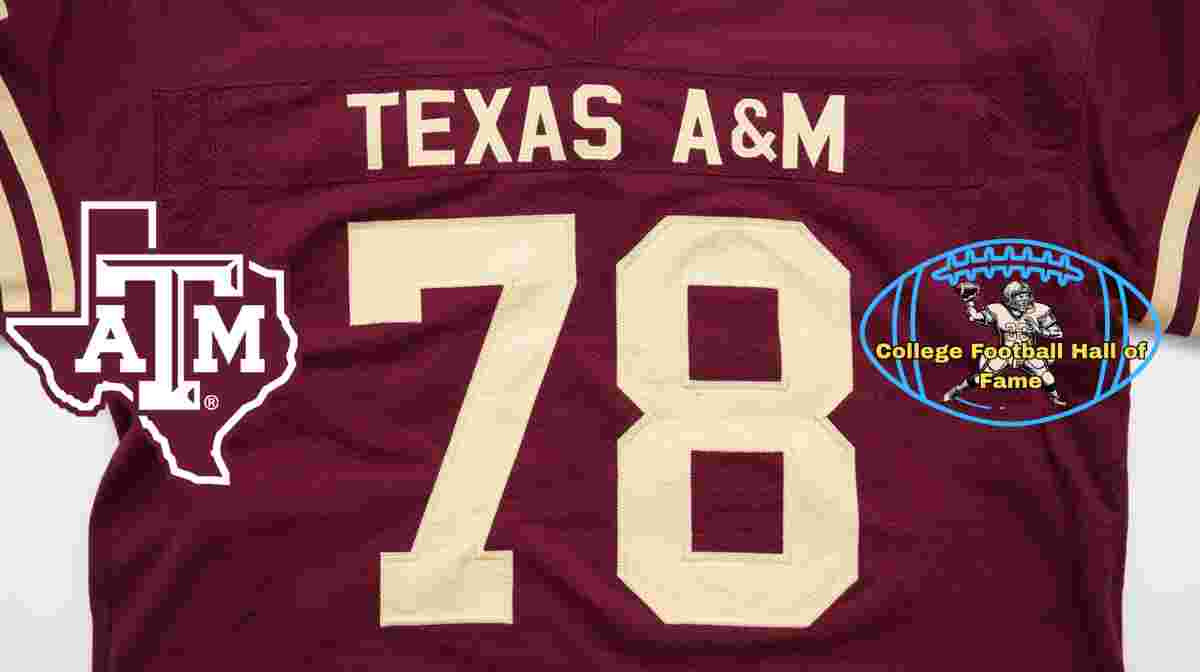 Image of a red with gold numerals Texas A&M football Jersey number 78 rendering with PD College football HOF emblem.