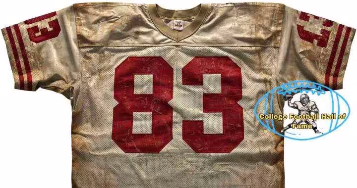 Image of a white with red numerals football Texas A&M Jersey number 83 rendering with PD College football HOF emblem.