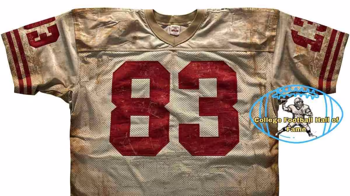 Image of a white with red numerals football Texas A&M Jersey number 83 rendering with PD College football HOF emblem.