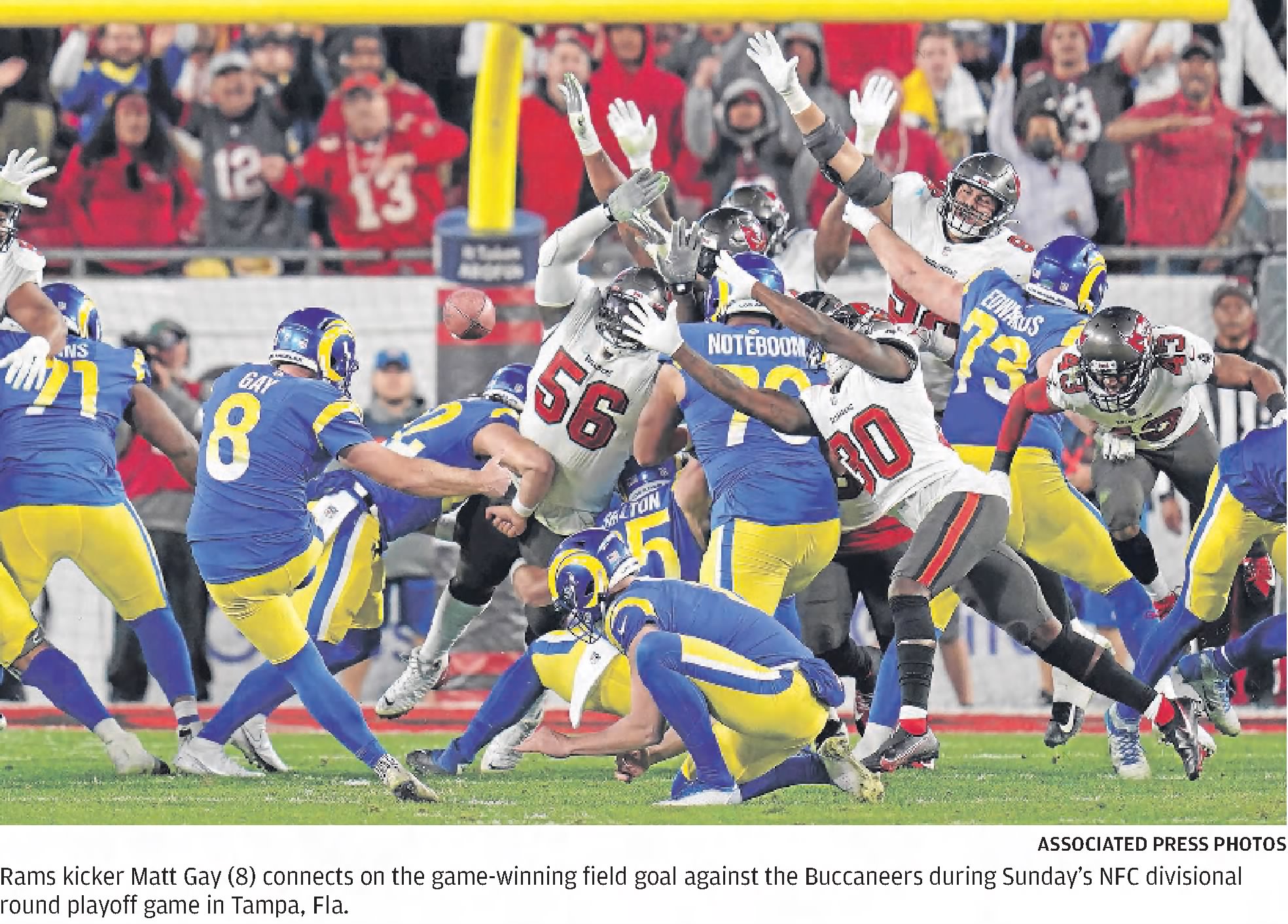 color newspaper image of Rams' Matt Gay Game Winning Kick 2022 against the Bucs