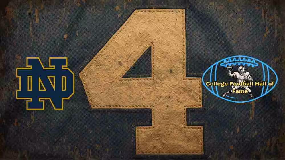 Image of a blue with gold numerals Notre Dame football Jersey number 4 rendering with PD College football HOF emblem.
