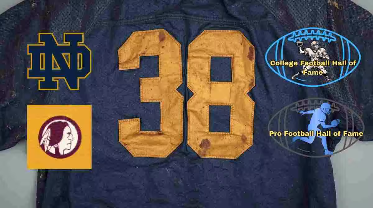 Image of a blue with gold numerals Notre Dame football Jersey number 38 rendering with PD Pro and College football HOF emblems and Redskins and ND logo.