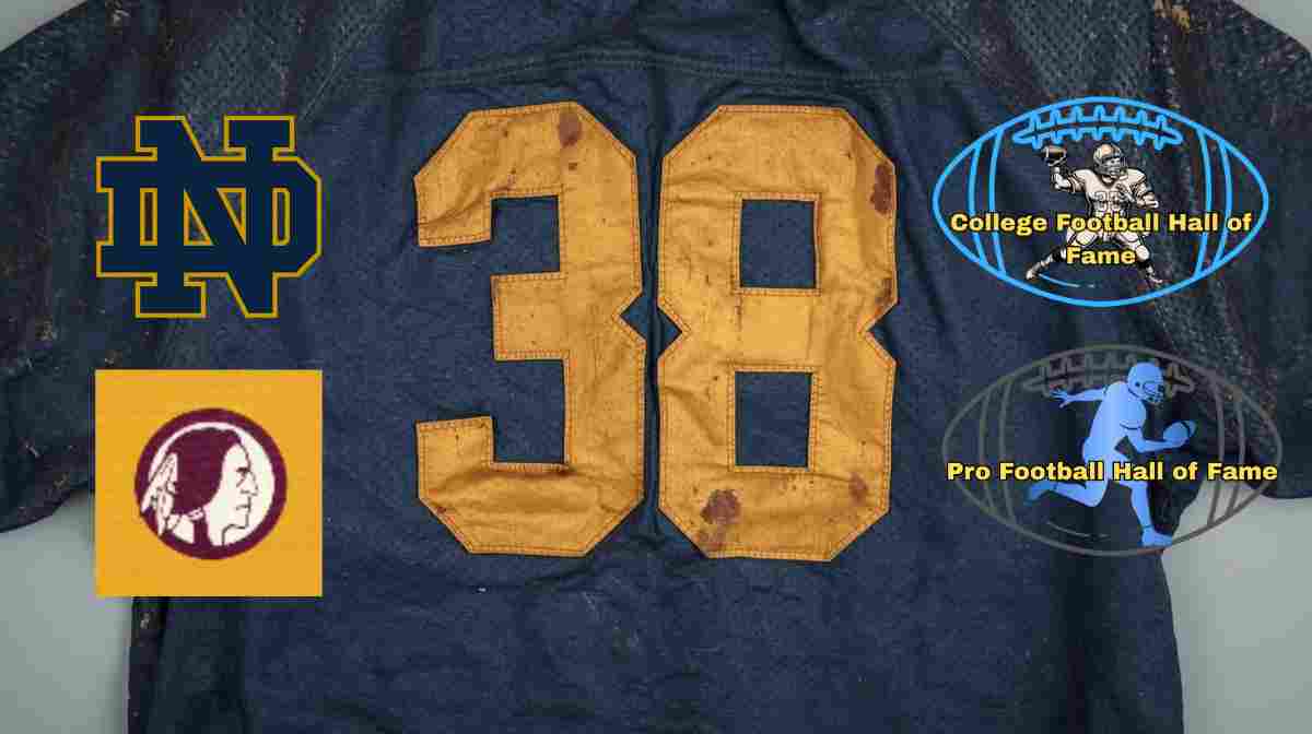 Image of a blue with gold numerals Notre Dame football Jersey number 38 rendering with PD Pro and College football HOF emblems and Redskins and ND logo.