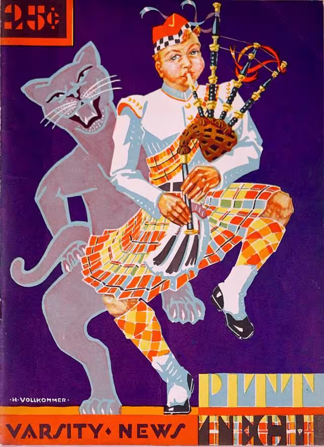 A vibrant Art Deco-style illustration for the November 16, 1929, Pitt versus Carnegie Tech game program. The cover features a piper in traditional Scottish Highland dress, including a colorful kilt and bagpipes, representing the Carnegie Tech Tartans. Behind him, a snarling grey panther looms, representing the Pitt Panthers. The background is a deep purple, with 'PITT TECH' in stylized block lettering at the bottom right. The artist's signature 'H. Vollkommer' is visible in the lower left."