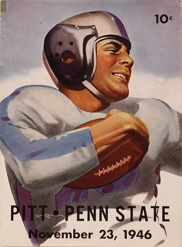 colorful watercolor image of a 1940s gridiron player running with the ball, upper torso view, on a gray back drop for the Pitt vs Penn St Nov 23, 1946 Football Program cover