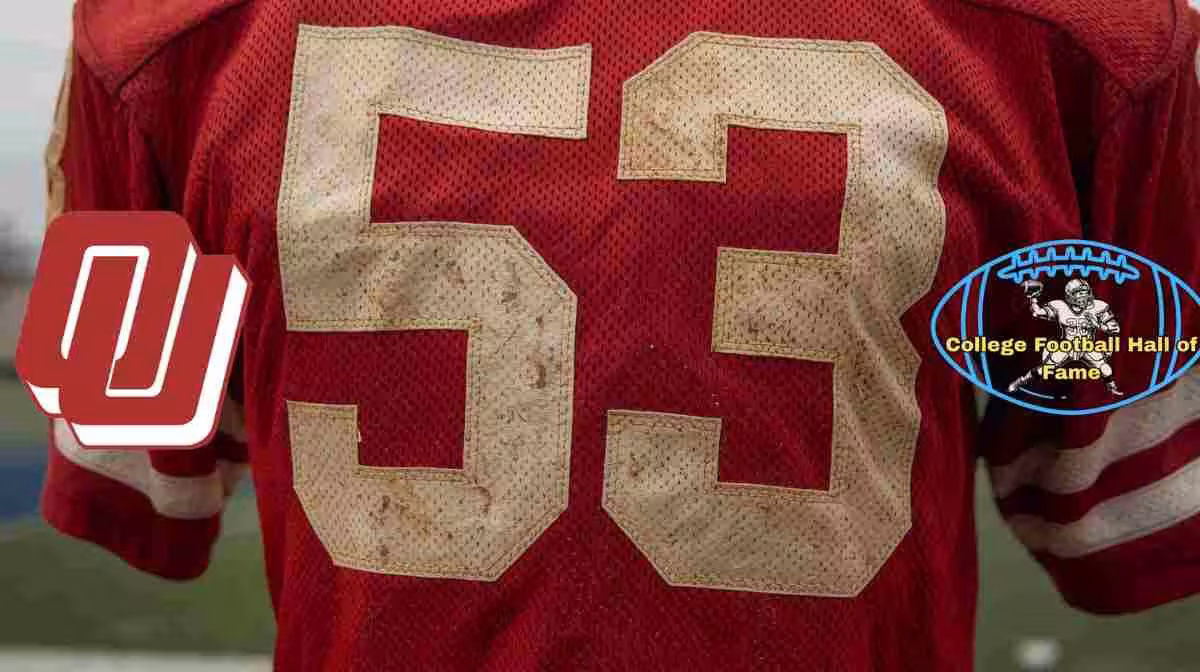 Image of a red with white numerals football Oklahoma Jersey number 53 rendering with PD College football HOF emblem.