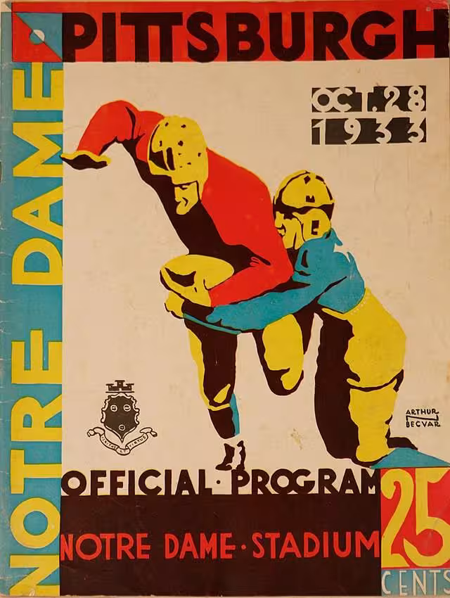 A bold, stylized Art Deco program cover for the October 28, 1933, football game between Pittsburgh and Notre Dame at Notre Dame Stadium. The illustration features two football players in a dynamic tackling pose, rendered in vibrant blocks of red, yellow, and blue. The words 'PITTSBURGH' and 'NOTRE DAME' are printed in large, black block lettering along the top and left borders. The price '25 CENTS' is prominent in the bottom right corner, and the artist's name, 'ARTHUR BECVAR,' is signed on the right