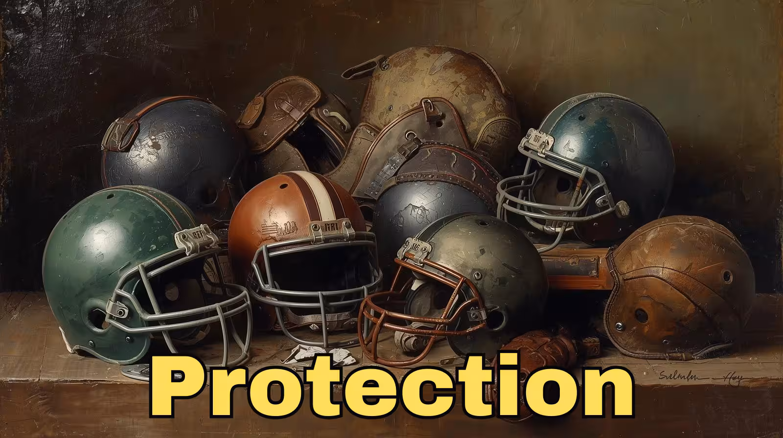 AI collection of old football helmets of different colors with the BOLD gold title of "Protection"