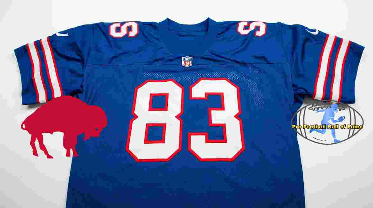 Image of a blue with white numerals Buffalo football Jersey number 83 and Bills logo rendering with PD Pro football HOF emblem.