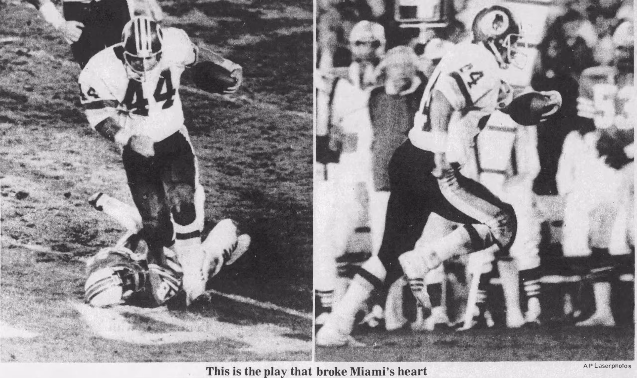 two-pane black and white newspaper image by the AP depicting John Riggins Super Bowl Run