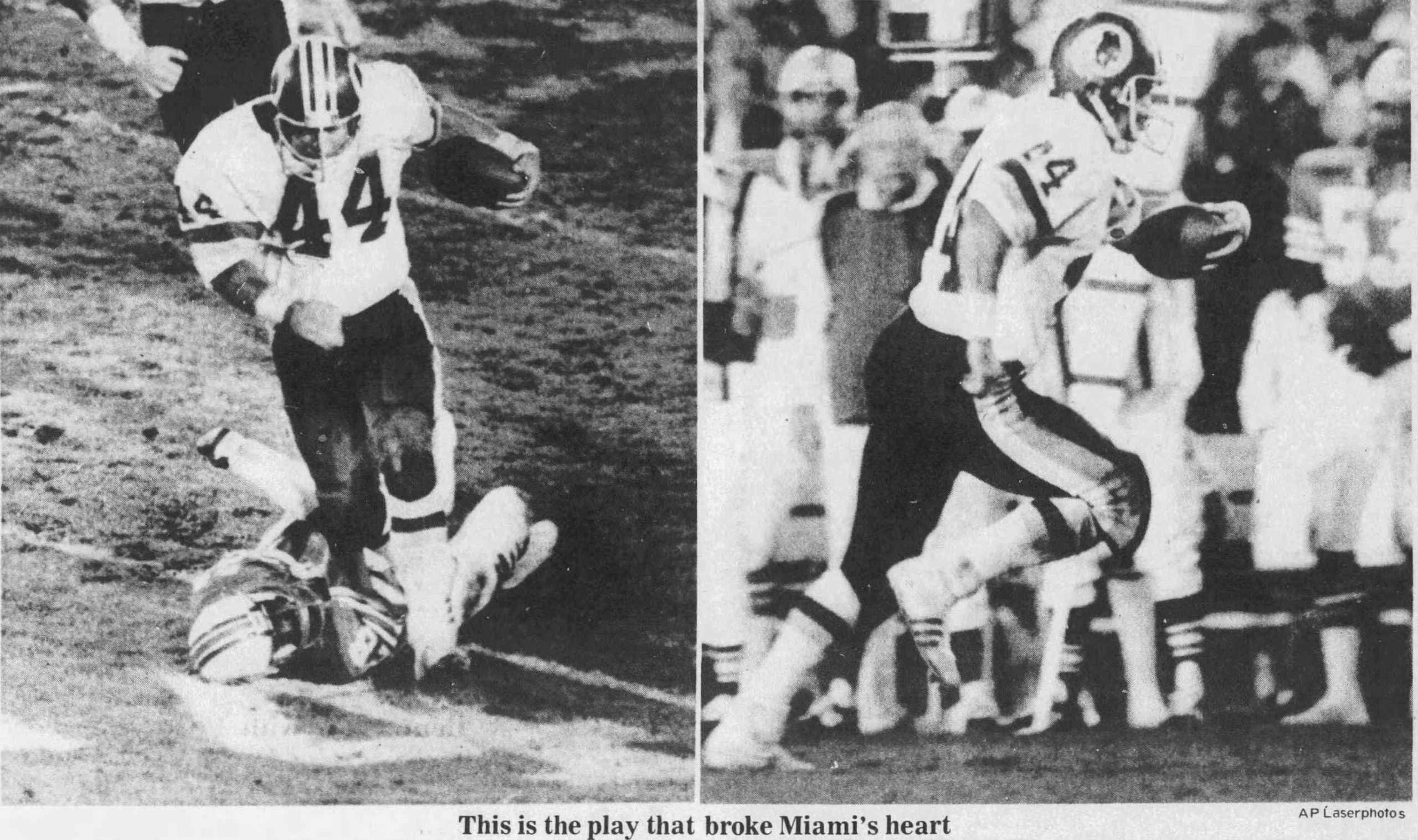 two-pane black and white newspaper image by the AP depicting John Riggins Super Bowl Run