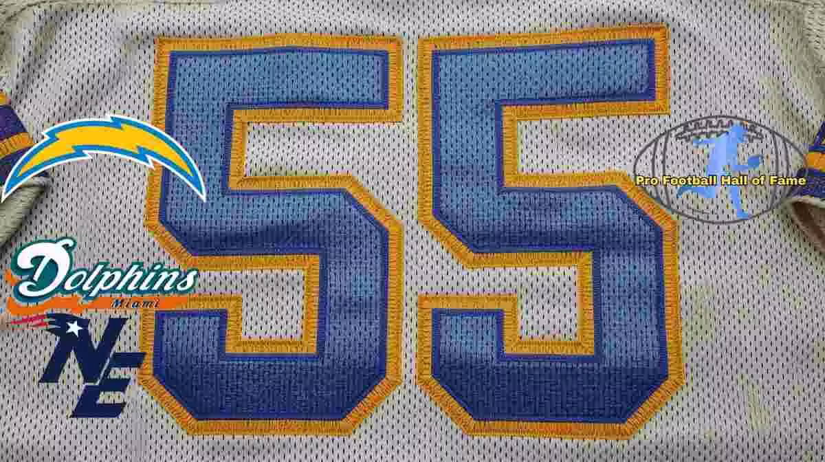 Image of a blue with white numerals San Diego football Jersey number 55 and NE, Miami, and Chargers logo rendering with PD Pro football HOF emblem.