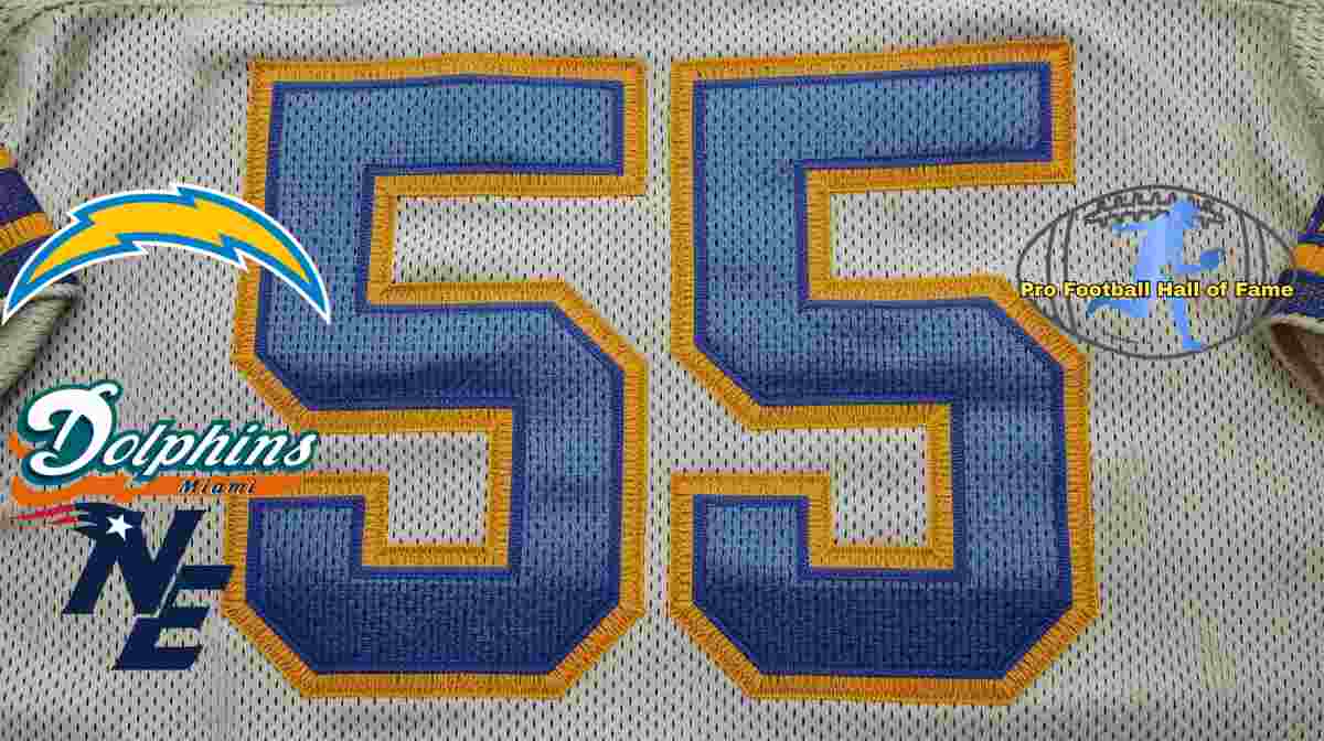 Image of a blue with white numerals San Diego football Jersey number 55 and NE, Miami, and Chargers logo rendering with PD Pro football HOF emblem.