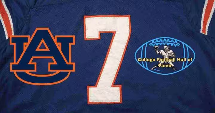 Image of a blue with white numerals Auburn football Jersey number 7 and Auburn logo rendering with PD College football HOF emblem.