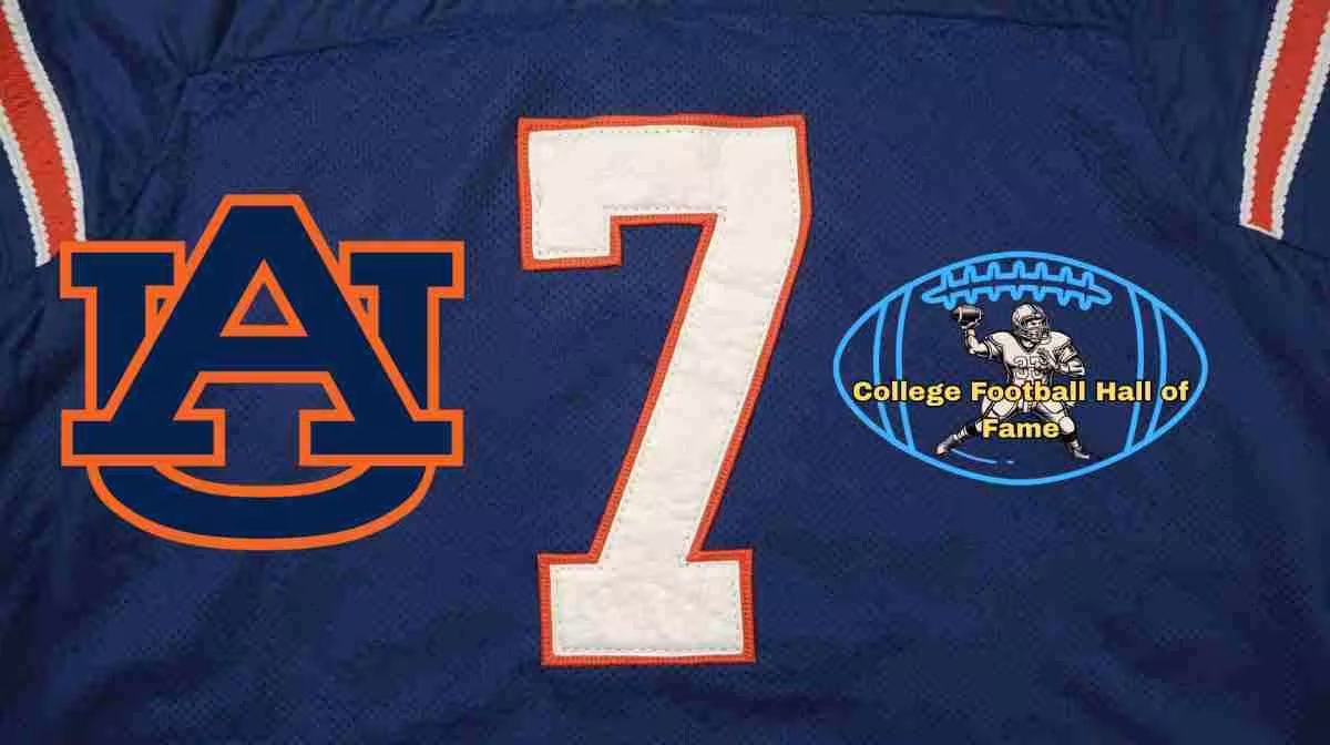 Image of a blue with white numerals Auburn football Jersey number 7 and Auburn logo rendering with PD College football HOF emblem.