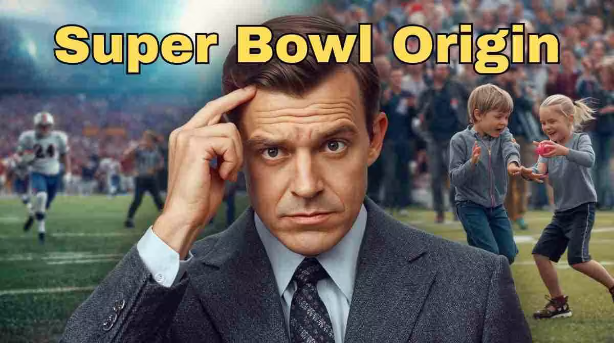 A Super Bowl Origin color thumbnail of a business man thinking as football action appears off of his right shoulder, and chidren play with a ball on his left.