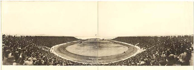 b/w end zone view photo of University of Washington versus Dartmouth College football game at Husky stadium, Seattle, November 27, 1920