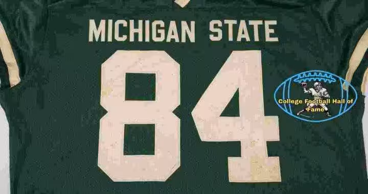 Image of a green with white numerals football Jersey number 84 rendering with PD College football HOF emblem.