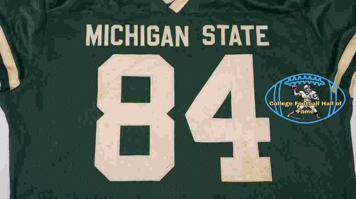 Image of a green with white numerals football Jersey number 84 rendering with PD College football HOF emblem.