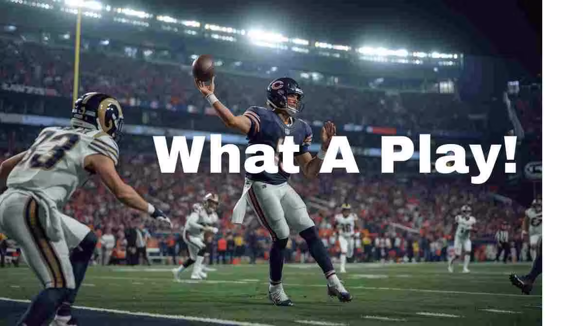 AI generated game action image of a Chicago Bears player throwing a football againt white jerseyed LA Rams defenders