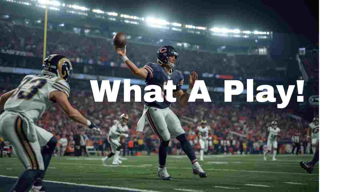 AI generated game action image of a Chicago Bears player throwing a football againt white jerseyed LA Rams defenders