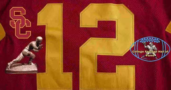 Image of a red with gold numerals football USC Jersey number 12 rendering with PD College football HOF emblem.