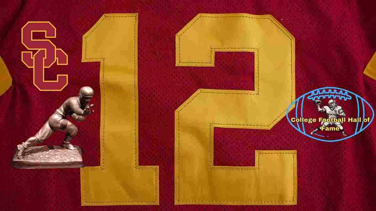 Image of a red with gold numerals football USC Jersey number 12 rendering with PD College football HOF emblem.