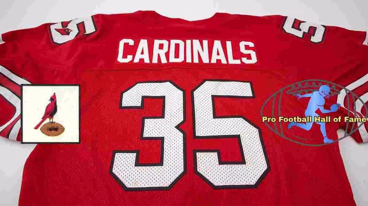 Image of a red with white numerals Cardinals football Jersey number 35 rendering with PD Pro football HOF and Cardinals emblems.