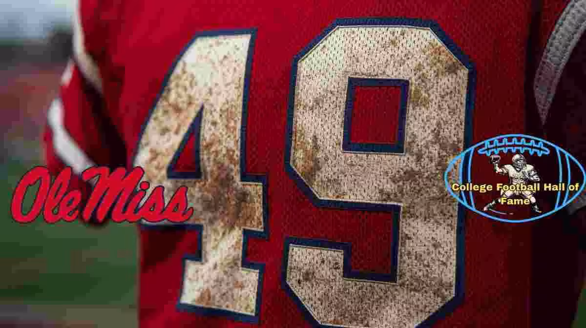 Image of a red with gold numerals football Jersey number 49 rendering with PD College football HOF emblem.