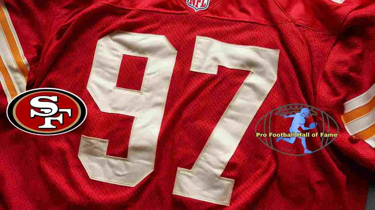 Image of a red with white numerals SF football Jersey number 97 rendering with PD Pro football HOF emblem.
